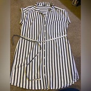 Striped button down cap sleeve dress